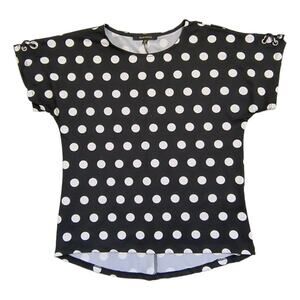 Ellen Weaver Short Sleeve Top Women's Sz PM Black White Polka Dot Stretch Knit